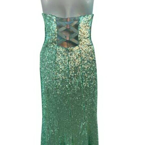 Colors Aqua Mint Green Sequin Cross Back Strapless Gown - Picture 5 of 5